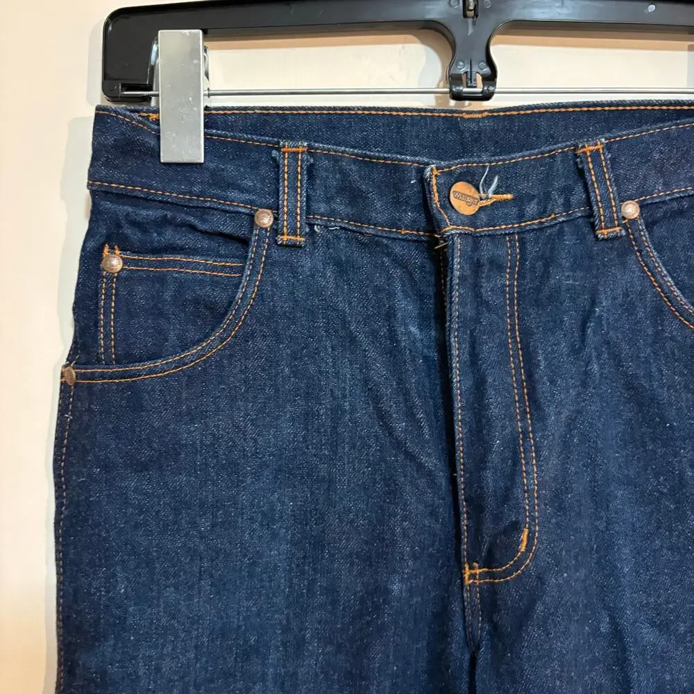 Vintage 70s Wrangler Flare Jeans 29 Long Dark Wash Indigo High Rise Bell Bottom